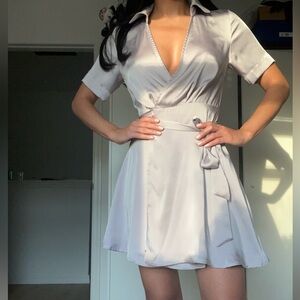 Satin lavender wrap around dress from Vici.